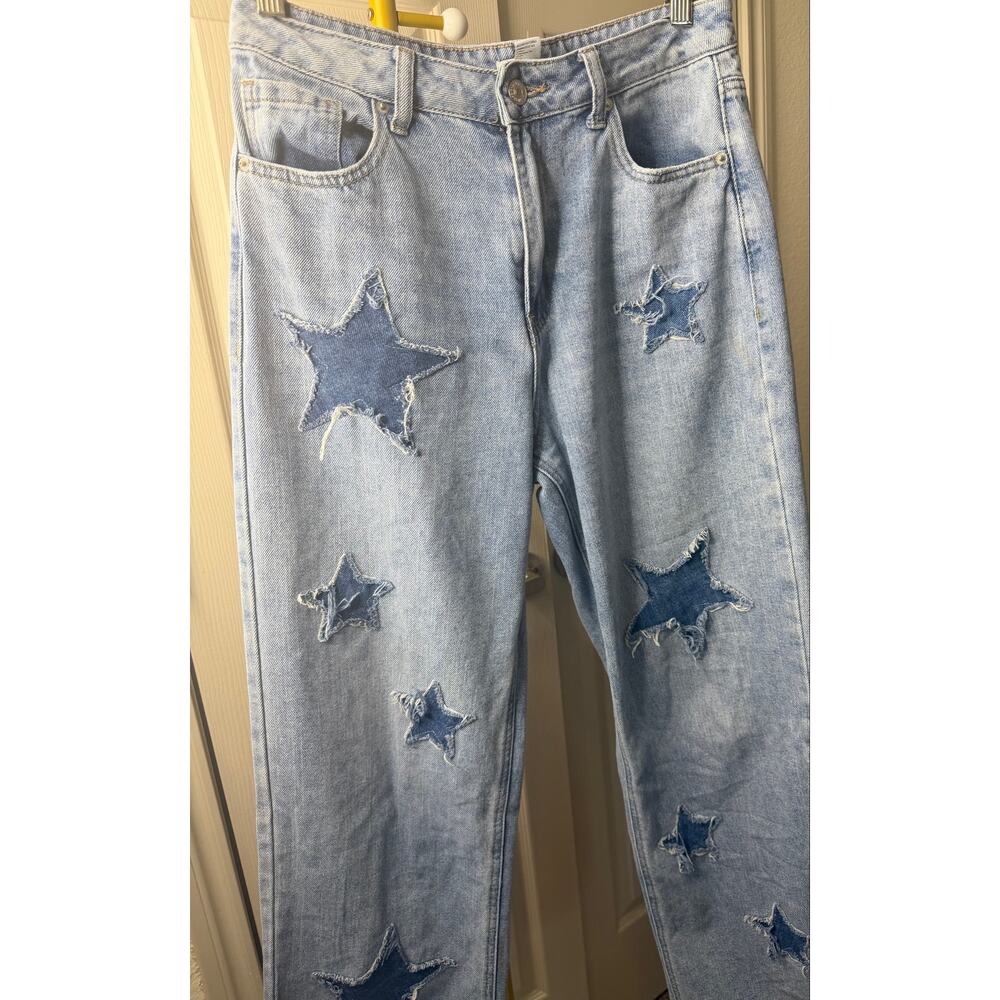 high-rise straight leg jeans with denim star patches distressed light wash. - Picture 2 of 6
